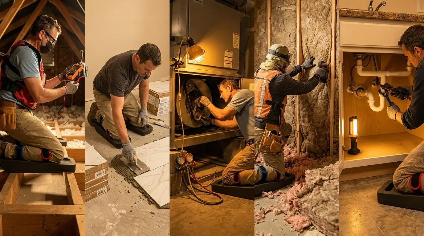 Tradespeople using long-format crawler pads across roof-space, flooring, HVAC and plumbing jobs
