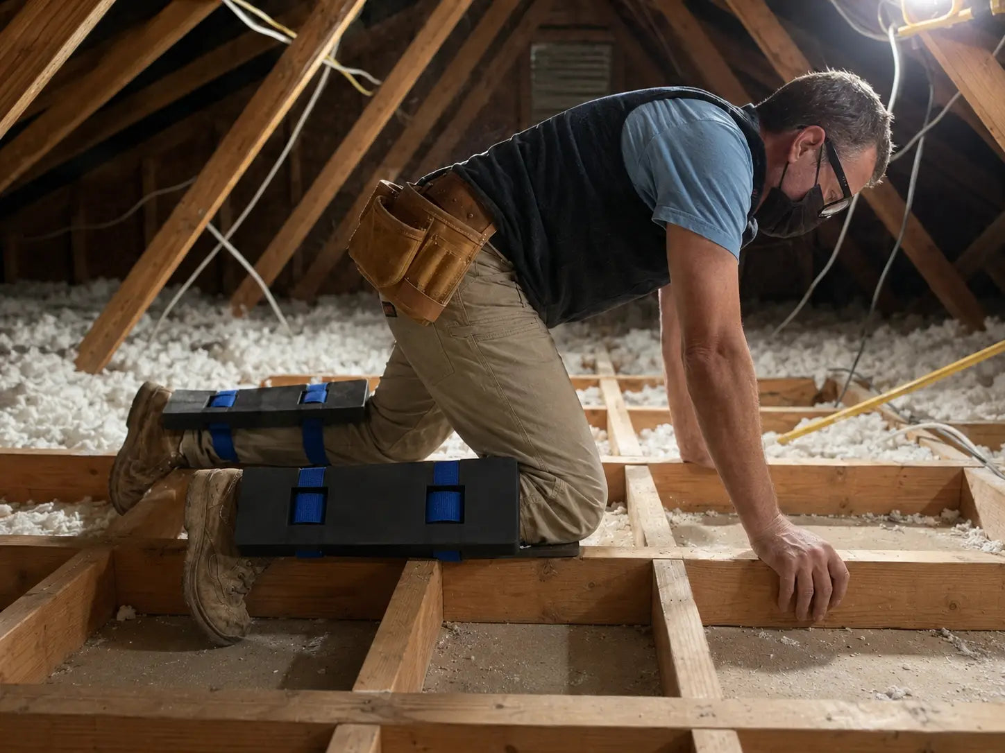 Tradesperson wearing JOISTR reinforced crawler pads in a roof space