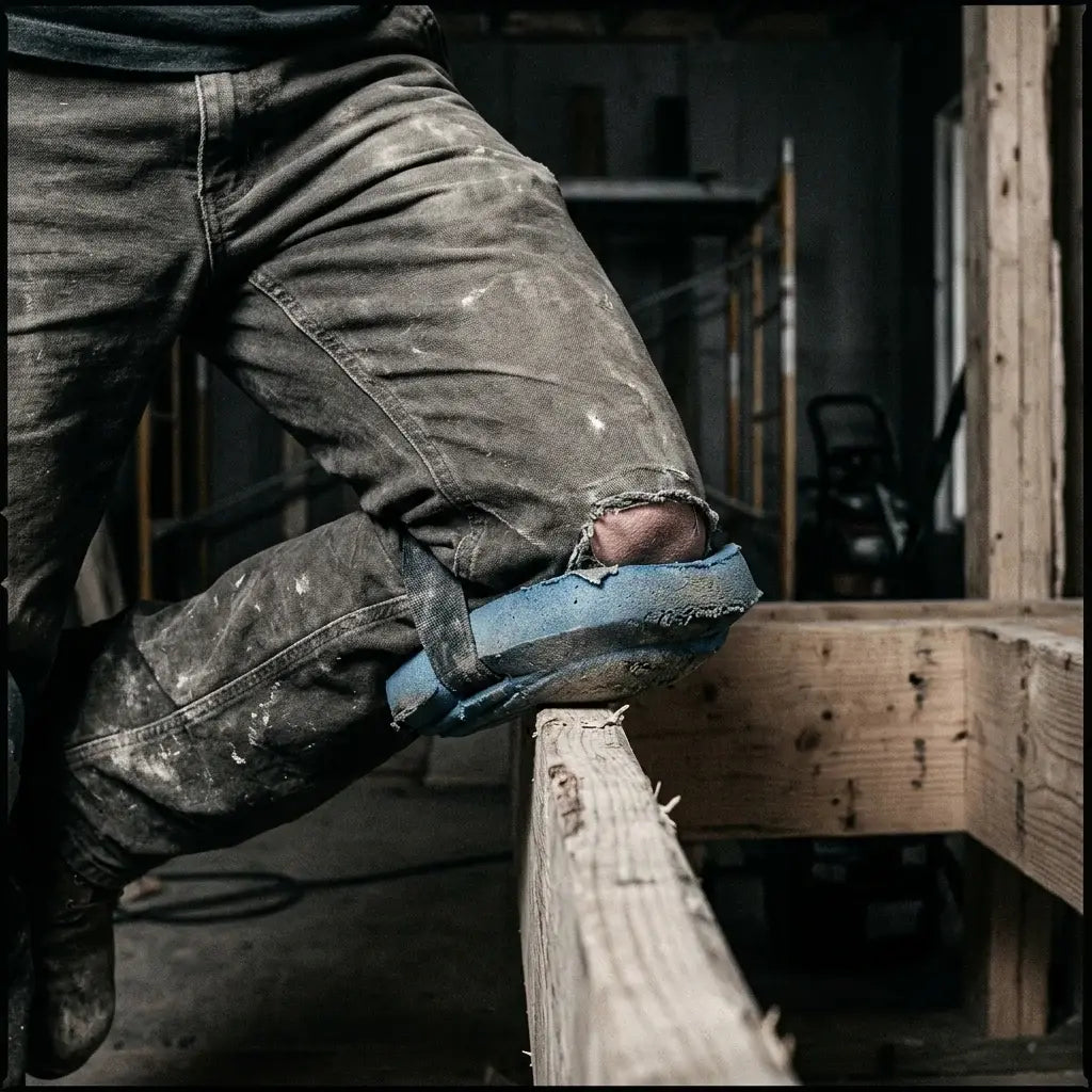 Worn compact knee pad pressed against a narrow timber joist