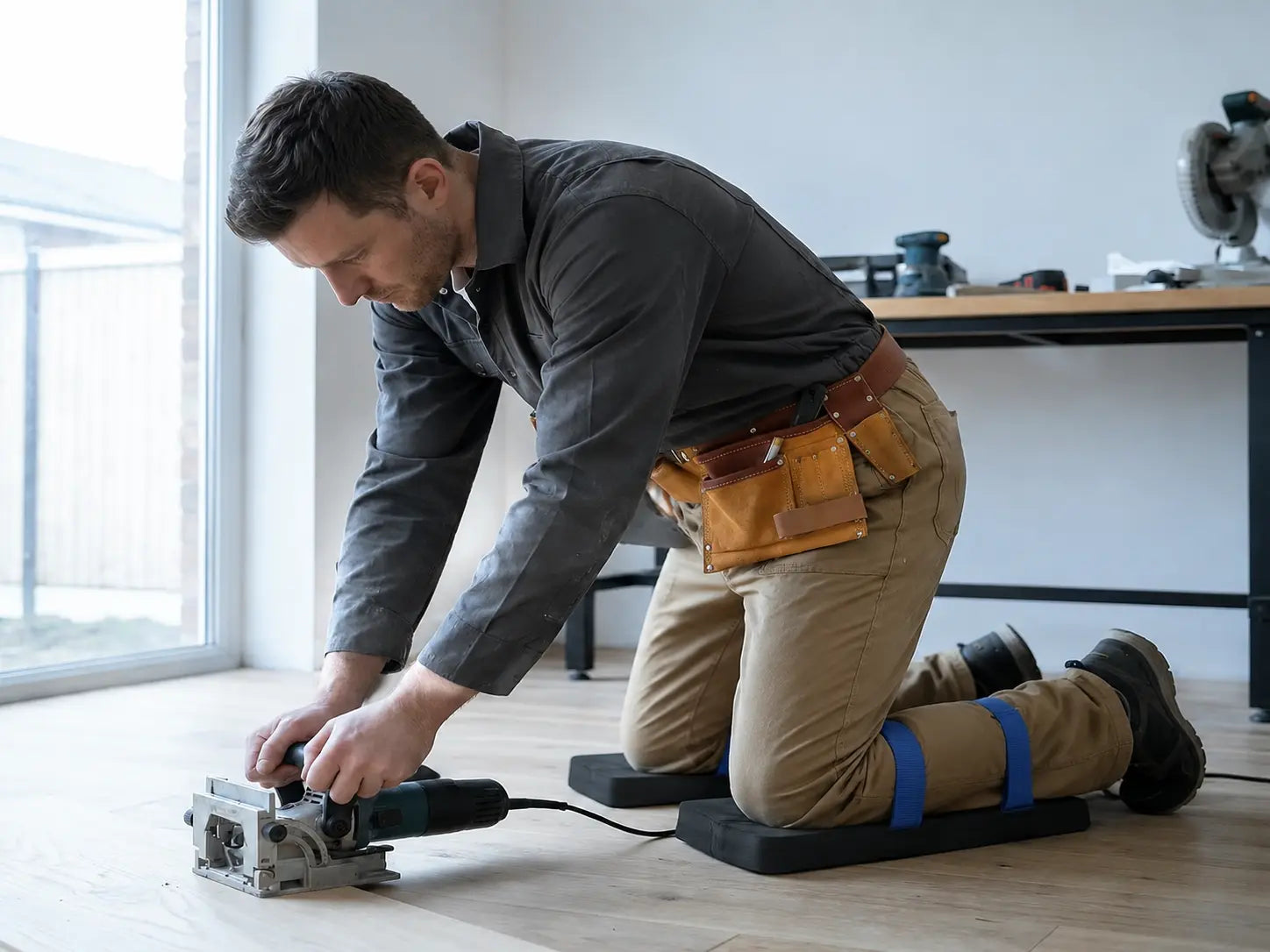 Tradespeople using long-format crawler pads across roof-space, flooring, HVAC and plumbing jobs